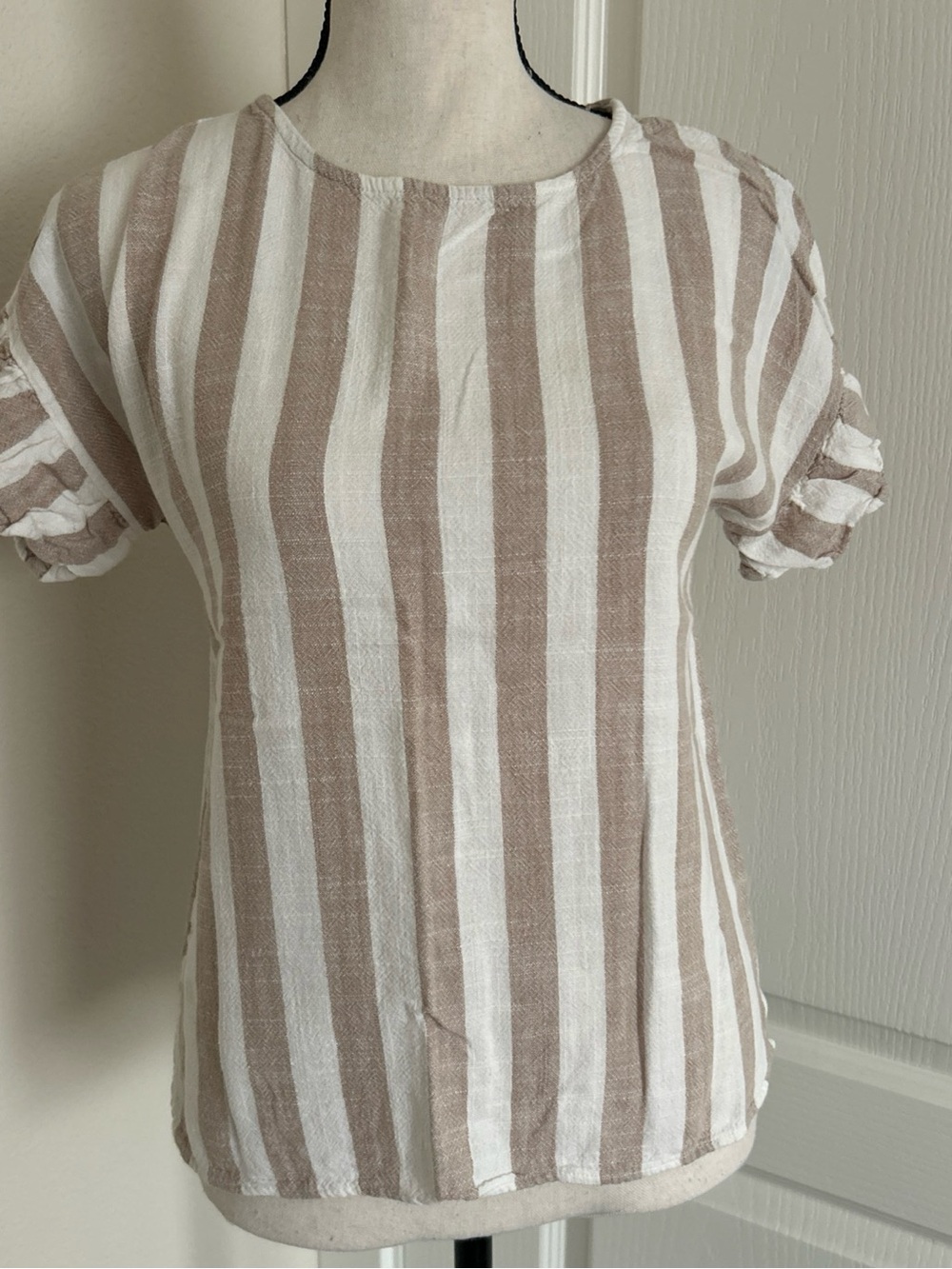 Striped Beige & White Short Sleeve Blouse